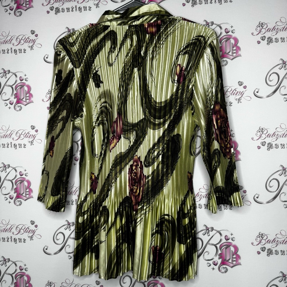 Mini pleats magic scarf top pleated floral green purple stretchy soft shiny luxe - Picture 7 of 11